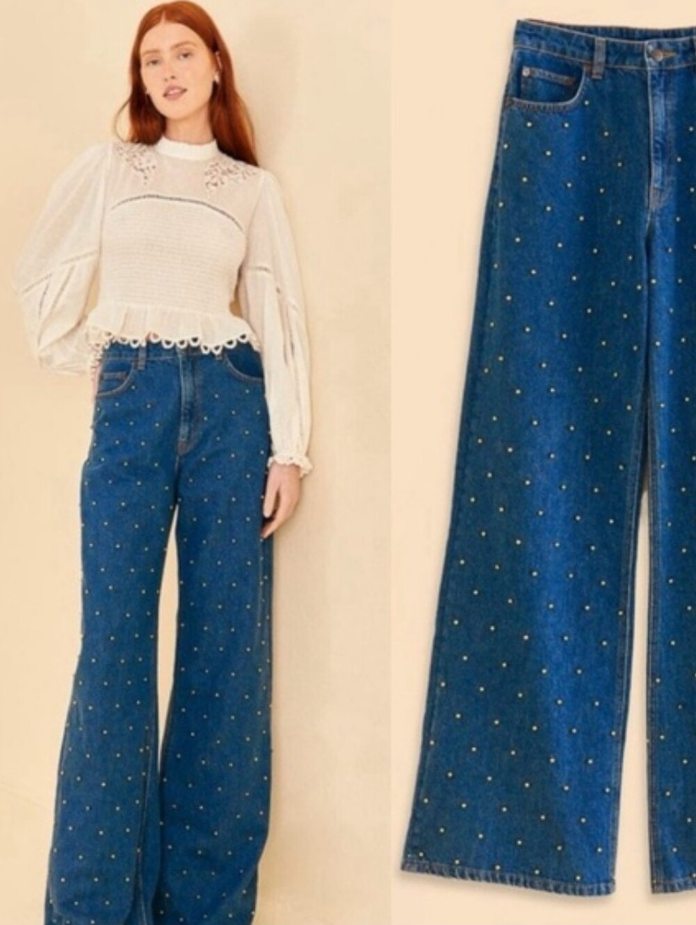 FARM Rio Blue Baggy Beaded Wide-Leg High-Rise Jeans Size 26